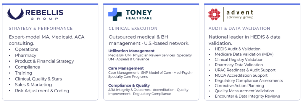 Alerion ONE PARTNER. THREE SPECIALIZED CAPABILITIES: Rebellis Group, Toney Healthcare, Advent Advisory Group